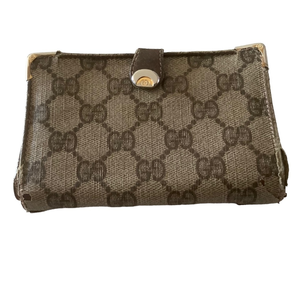 Gucci brown monogram wallet kiss lock coin purse magnetic closure bi fold wallet